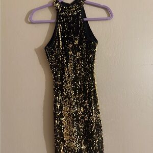 Elegant Gold Sequin Halter Dress